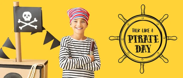 Banner Talk Pirate Day Little Boy Yellow Background — Stock Photo, Image
