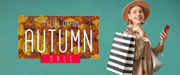 Beautiful young woman with shopping bag and phone on green background. Banner for autumn sale
