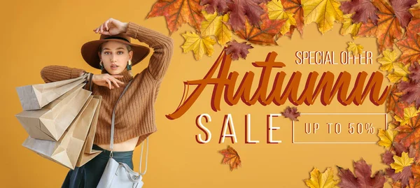 Beautiful Young Woman Shopping Bags Beige Background Banner Autumn Sale — Stock Photo, Image