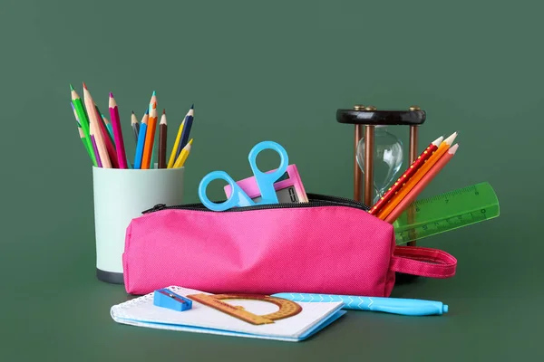 Pink Pencil Case School Stationery Hourglass Green Background — Stock Photo, Image