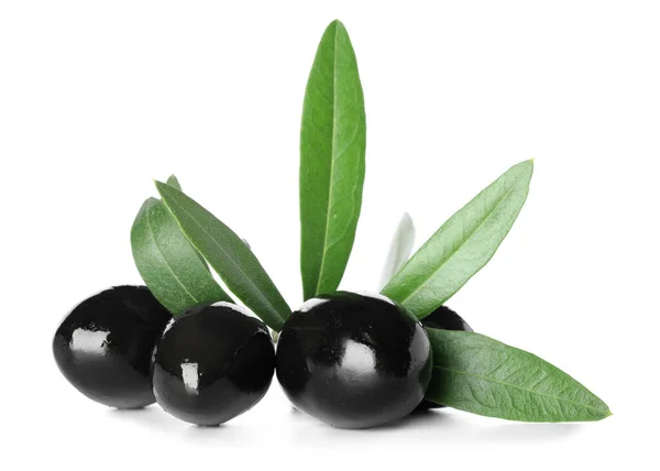 Delicious Black Olives Leaves White Background — Stockfoto