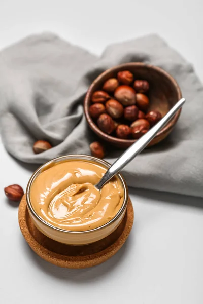 Bowl Tasty Hazelnut Butter White Background — Fotografia de Stock