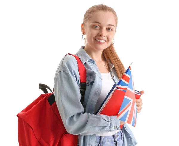 Młoda Kobieta Brytyjską Flagą Książkami Plecakiem Białym Tle — Zdjęcie stockowe
