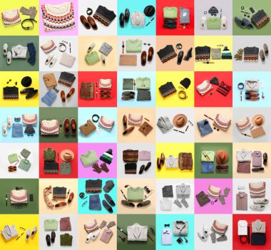 Sonbahar ve kış kıyafetleri kolajı. Renkli arka plandaki erkekler için aksesuarlar.