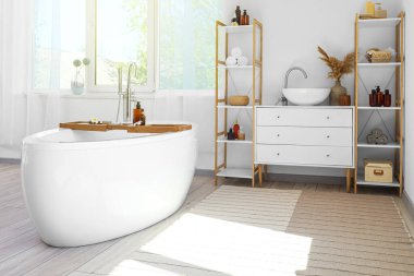 Modern küvetli banyo ve banyo aksesuarlı raf üniteleri.