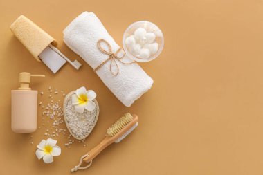 Farklı banyo aksesuarları ve arka planda bir kase deniz tuzu içeren kompozisyon