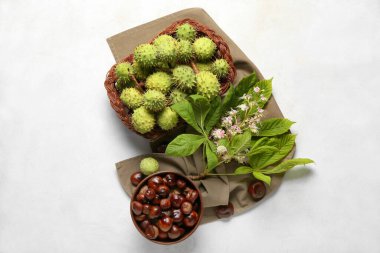 Taze kestane, yaprak ve çiçekli kompozisyon