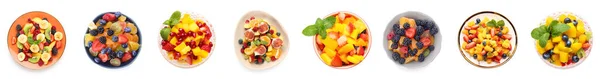 Conjunto Deliciosas Saladas Frutas Fundo Branco Vista Superior — Fotografia de Stock