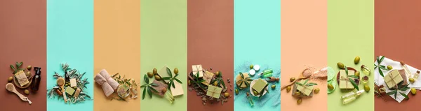 Collage of cosmetic products with olive extract on color background with space for text