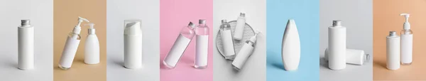 Collection Different Blank Bottles Color Background — Stock Photo, Image