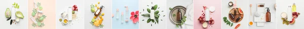 Collage of natural cosmetic products on light background, top view