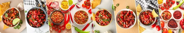 Collage Tasty Salsa Sauces Bowls Table Top View — Stock Photo, Image