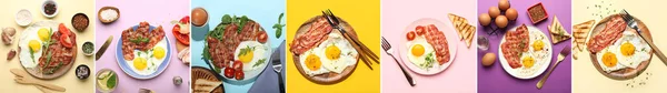 Colagem Ovos Fritos Saborosos Com Bacon Legumes Pão Fundo Cor — Fotografia de Stock