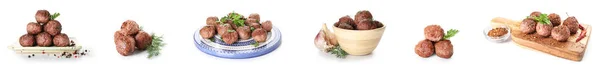 Collage Gustose Polpette Carne Cotte Sfondo Bianco — Foto Stock