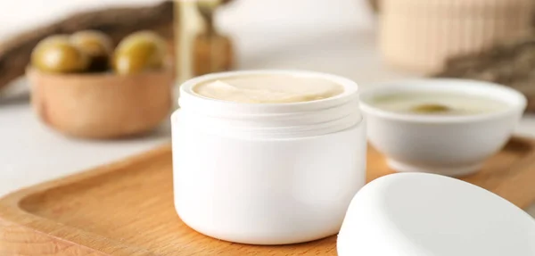 Jar Cream Olive Oil Extract Table Closeup — Stock Photo, Image