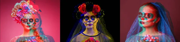 メキシコの死者の日のために顔に頭蓋骨を描いた若い女性のコラージュ — ストック写真