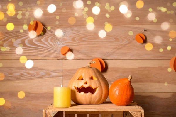 Pumpkins Halloween Party Candle Wooden Background — Stock Photo, Image