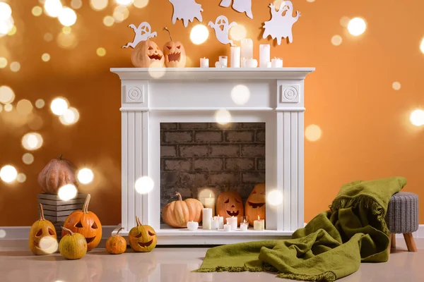 Camera Con Camino Decorata Halloween — Foto Stock