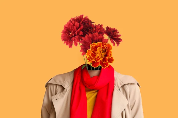 Woman Autumn Clothes Bouquet Fresh Flowers Instead Her Head Orange — Stock Photo, Image