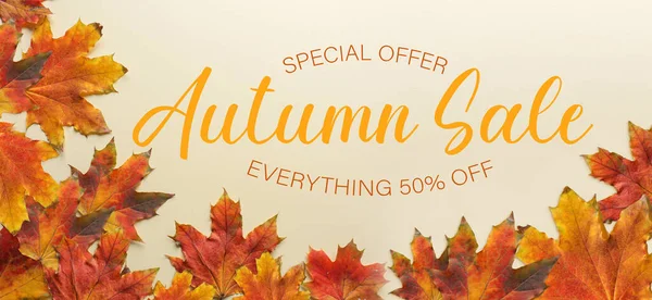 Banner Autumn Sale Maple Leaves Light Background — Stock Photo, Image