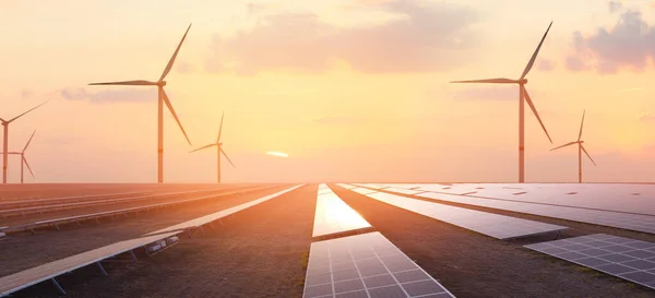 Sonnenkollektoren Und Windmühlen Auf Dem Feld Grüne Technologie — Stockfoto