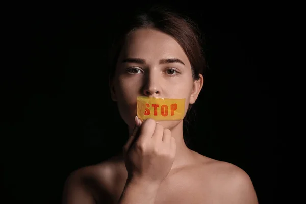 Portrait Woman Taped Mouth Dark Background Censorship Concept — Stock Photo, Image