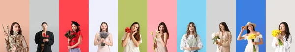 Collage Vackra Unga Kvinnor Med Färska Blommor Färg Bakgrund — Stockfoto