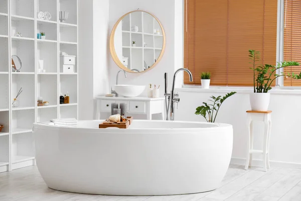 Interior Casa Banho Elegante Com Unidade Estantes Plantas Sala — Fotografia de Stock
