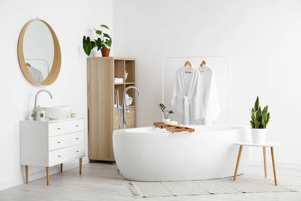 Intérieur Salle Bain Moderne Avec Plantes Intérieur Commode Miroir — Photo