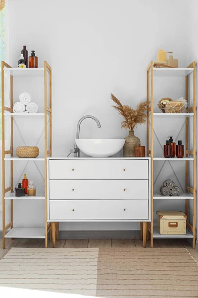 Modern Sink Shelf Units Bath Accessories White Wall — Stock Photo, Image