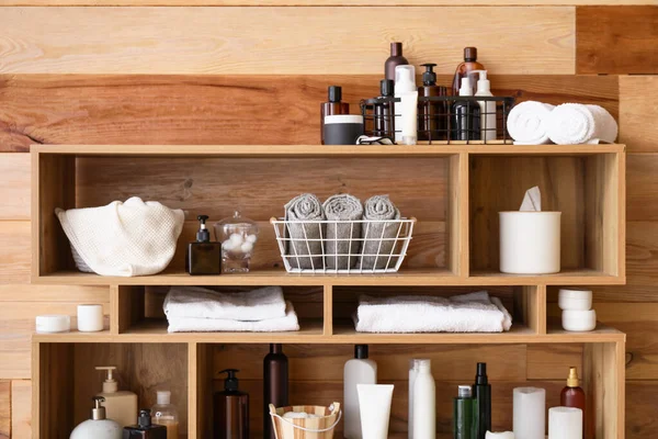 Different Bath Accessories Shelf Unit Wooden Wall Closeup — Stock Photo, Image