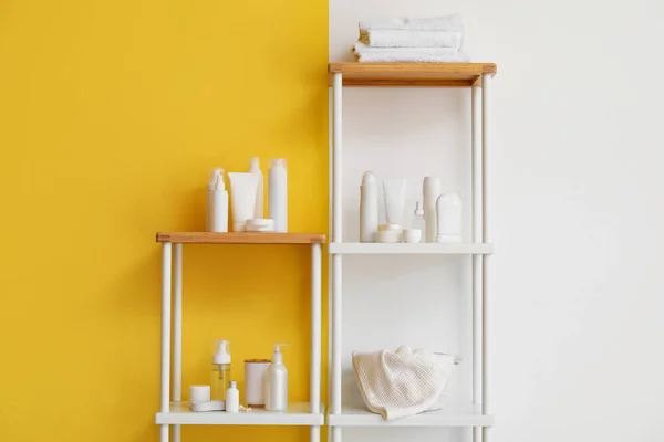 Shelf Units Different Bath Accessories Color Wall — Stock Photo, Image