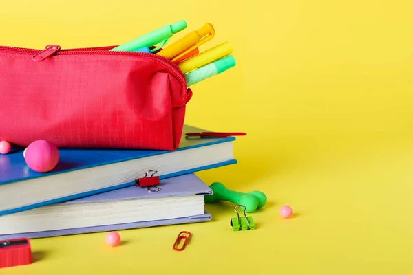 Red Pencil Case School Stationery Yellow Background —  Fotos de Stock