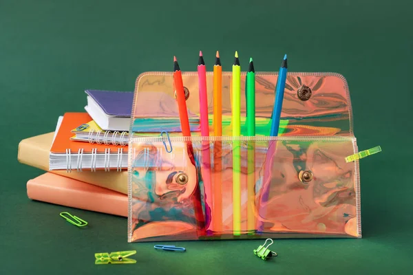 Holographic Pencil Case School Stationery Green Background — Stock Photo, Image