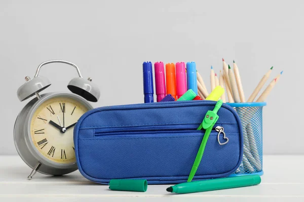 Blue Pencil Case School Stationery Alarm Clock Table Grey Background — Stock Photo, Image