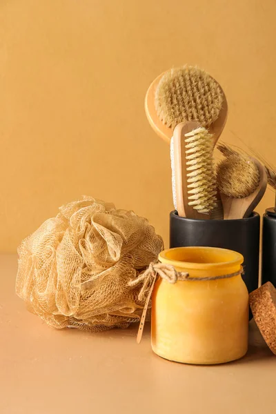 Set Bath Supplies Different Massage Brushes Color Background Closeup — Stock Photo, Image