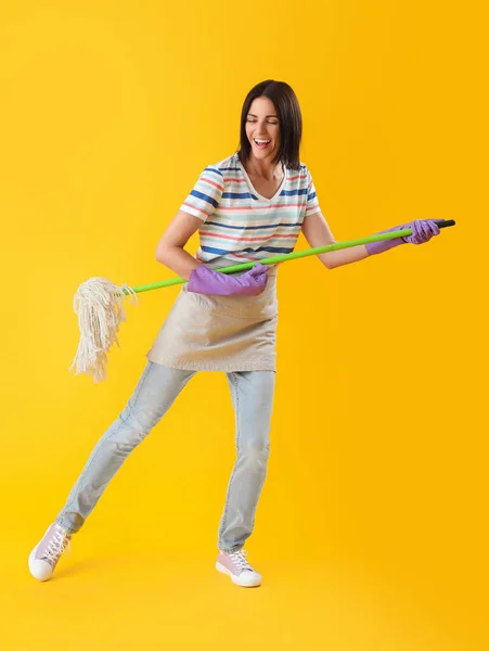 Beautiful Woman Mop Yellow Background — Stock Photo, Image