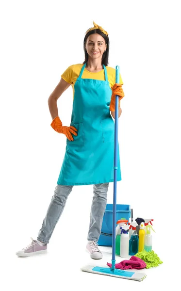 Beautiful Woman Cleaning Supplies White Background — Stock Photo, Image