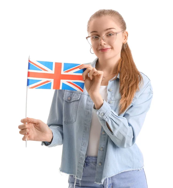 Jonge Vrouw Met Britse Vlag Witte Achtergrond — Stockfoto