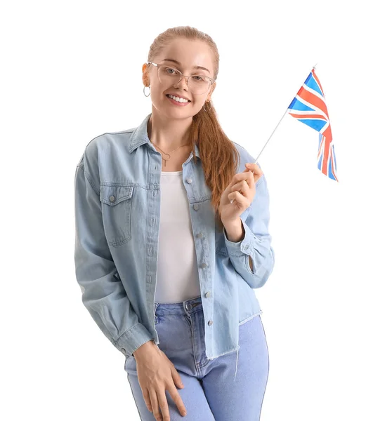 Młoda Kobieta Brytyjską Flagą Białym Tle — Zdjęcie stockowe