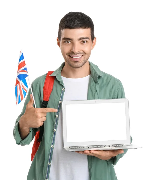 Hombre Joven Con Bandera Del Reino Unido Mochila Apuntando Computadora —  Fotos de Stock