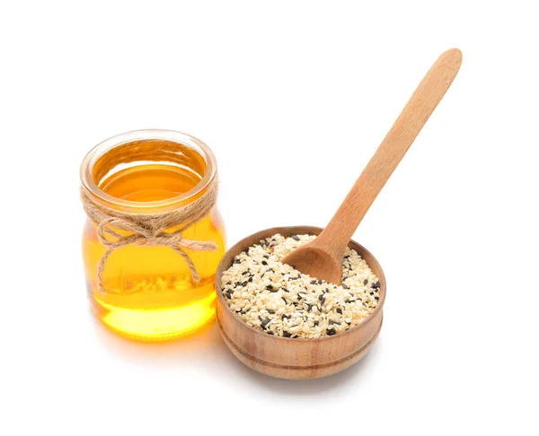 Bowl Sesame Seeds Jar Oil White Background — Stock Photo, Image