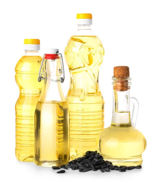 Bottles Oil Sunflower Seeds White Background — Stock Photo, Image