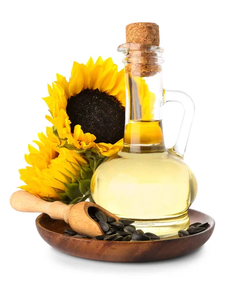 Teller Mit Sonnenblumen Ölkrug Schaufel Und Samen Auf Weißem Hintergrund — Stockfoto