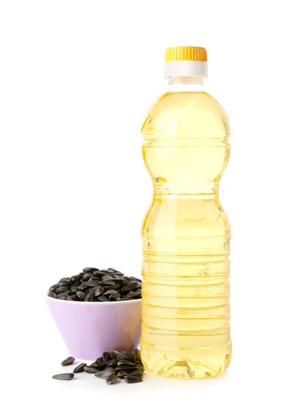 Bottle Oil Bowl Sunflower Seeds White Background — Stock Photo, Image