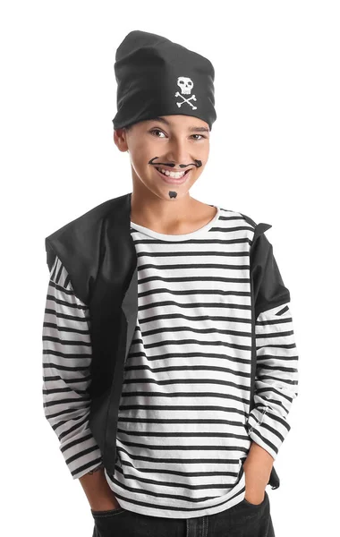 Menino Vestido Pirata Com Rosto Pintado Sobre Fundo Branco — Fotografia de Stock