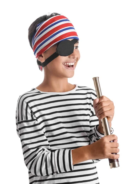 Kleine Jongen Verkleed Als Piraat Met Spiegelglas Witte Achtergrond — Stockfoto