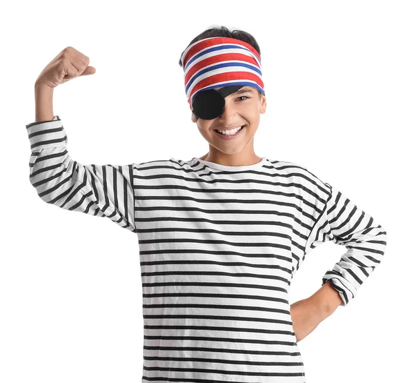 Little Boy Dressed Pirate Showing Muscles White Background — Stock Photo, Image