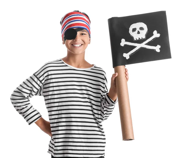 Kleine Jongen Verkleed Als Piraat Met Vlag Witte Achtergrond — Stockfoto