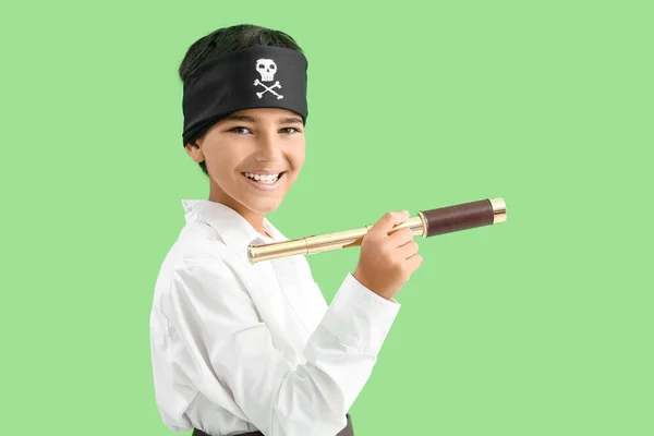 Little Boy Dressed Pirate Spyglass Green Background — Stock Photo, Image